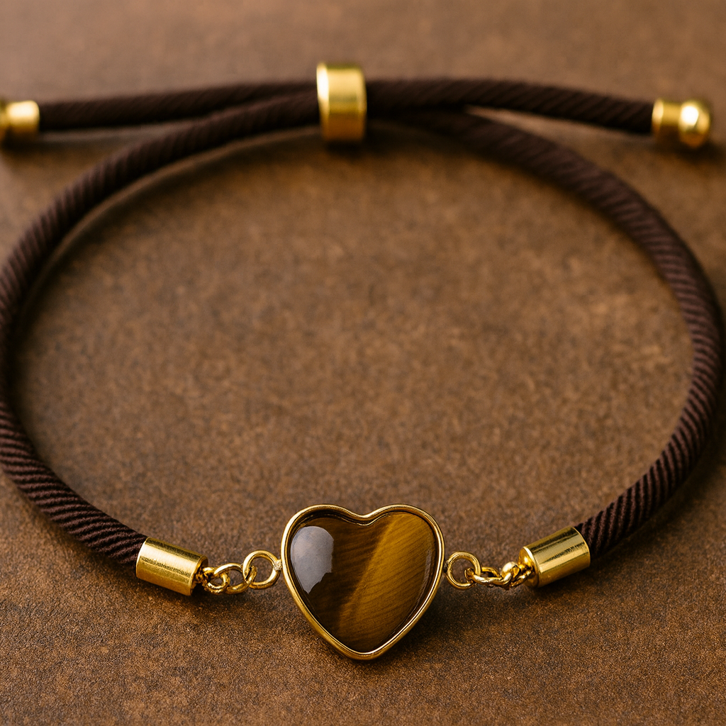 Bohemian Adjustable Love Heart Tigers Eye Crystal Bracelet. Single Bracelet or Paired with 4mm Stretch Tigers Eye Crystal Beaded Bracelet