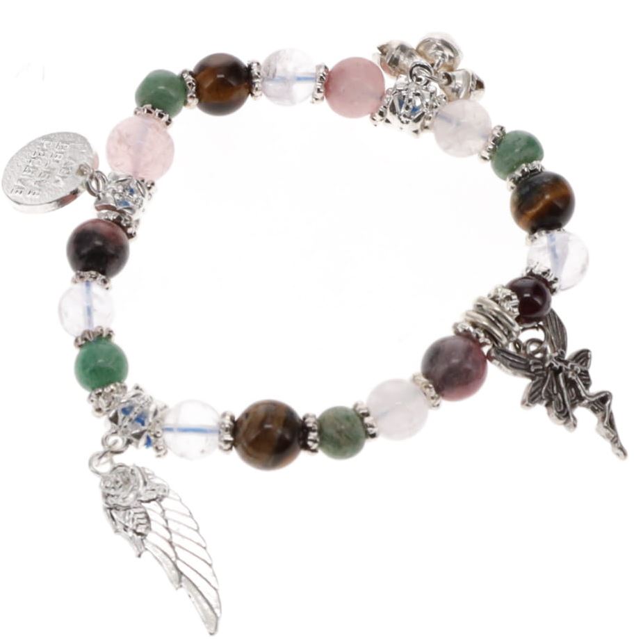 A colorful crystal bracelet with a variety of beads including tiger eye, garnet, iolite, rose quartz, green aventurine, rhodonite, and clear quartz, accompanied by silver charms including a fairy, angel wing, and bells.