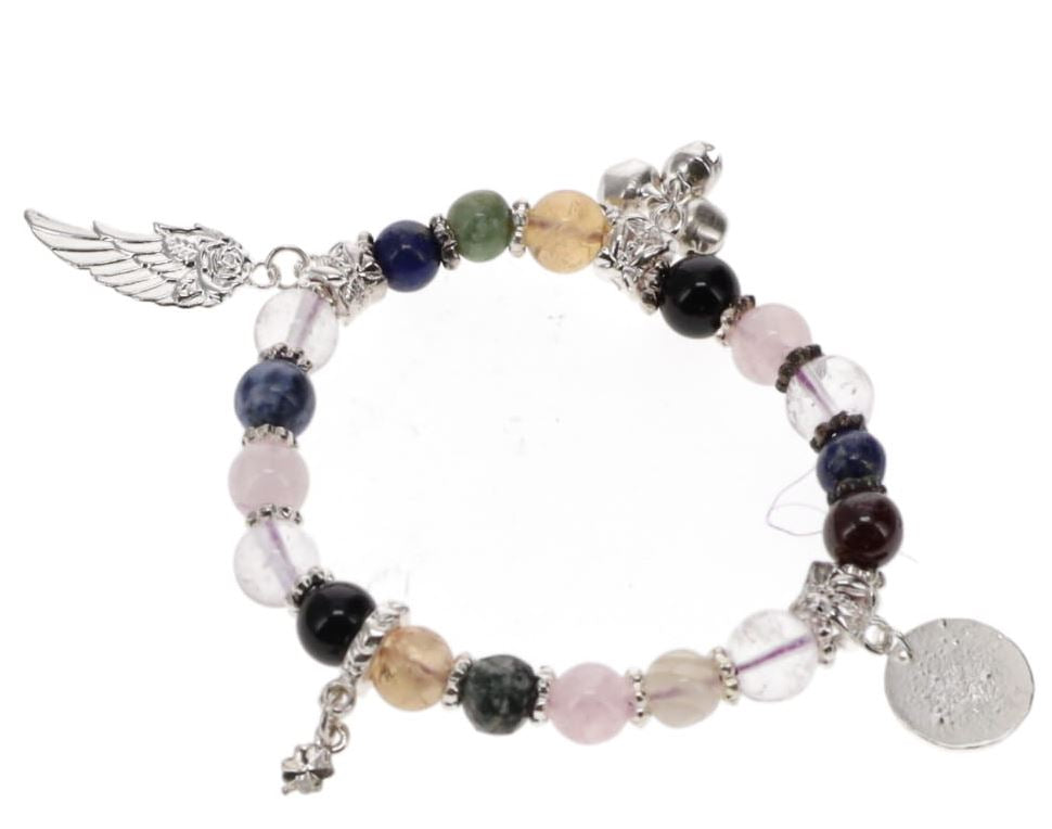 A multicolored beaded bracelet with various crystals and metal charms including a winged angel and a four-leaf clover.