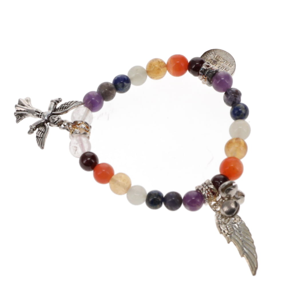 A multicolored beaded bracelet with various charms, including winged figures and geometric shapes, displayed against a white background.