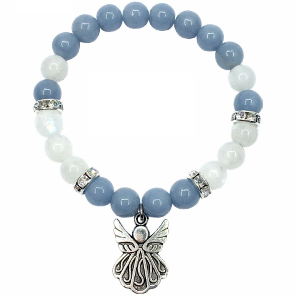 Angelite & Rainbow Moonstone Crystal Bracelet with Angel Charm – Emotional Healing, Intuition & Divine Connection