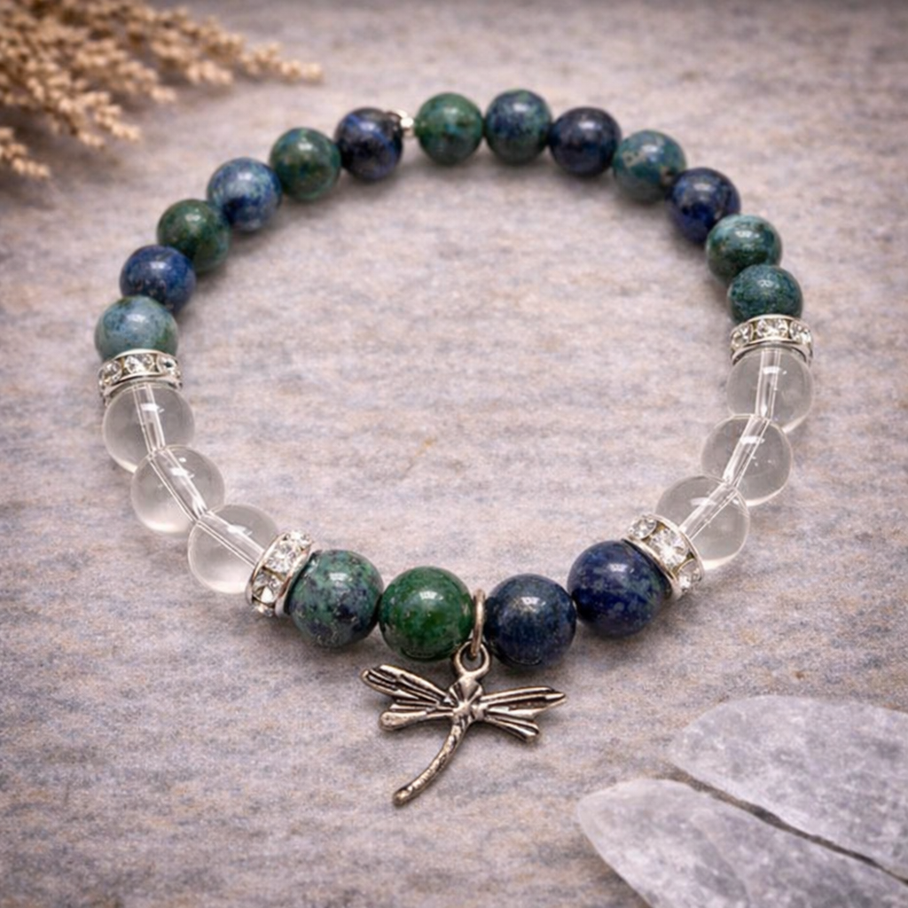 Chrysocolla & Clear Quartz Crystal Bracelet 8mm with Dragonfly Charm – Communication, Clarity & Spiritual Healing