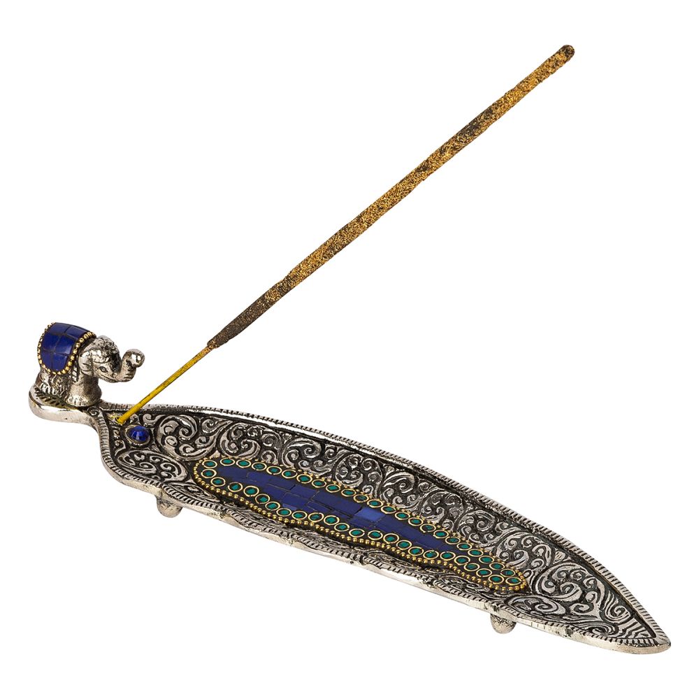 Elephant Blue Aluminium Leaf Incense Burner – 22 cm Lucky Trunk-Up Design for Peace, Luck & Serenity