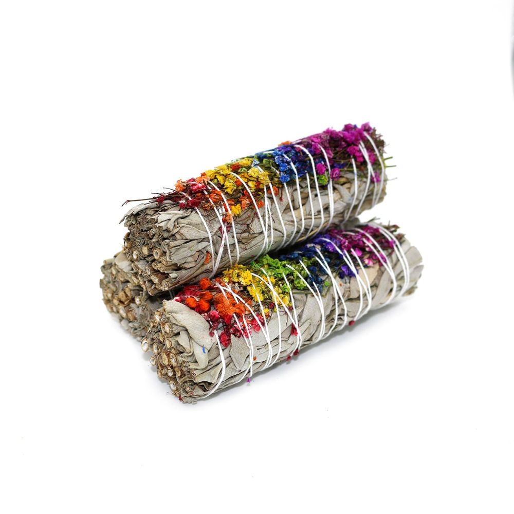 SMUDGE STICK - Energy Wheel Sage 10cm with Flower Colours of All 7 Chakras