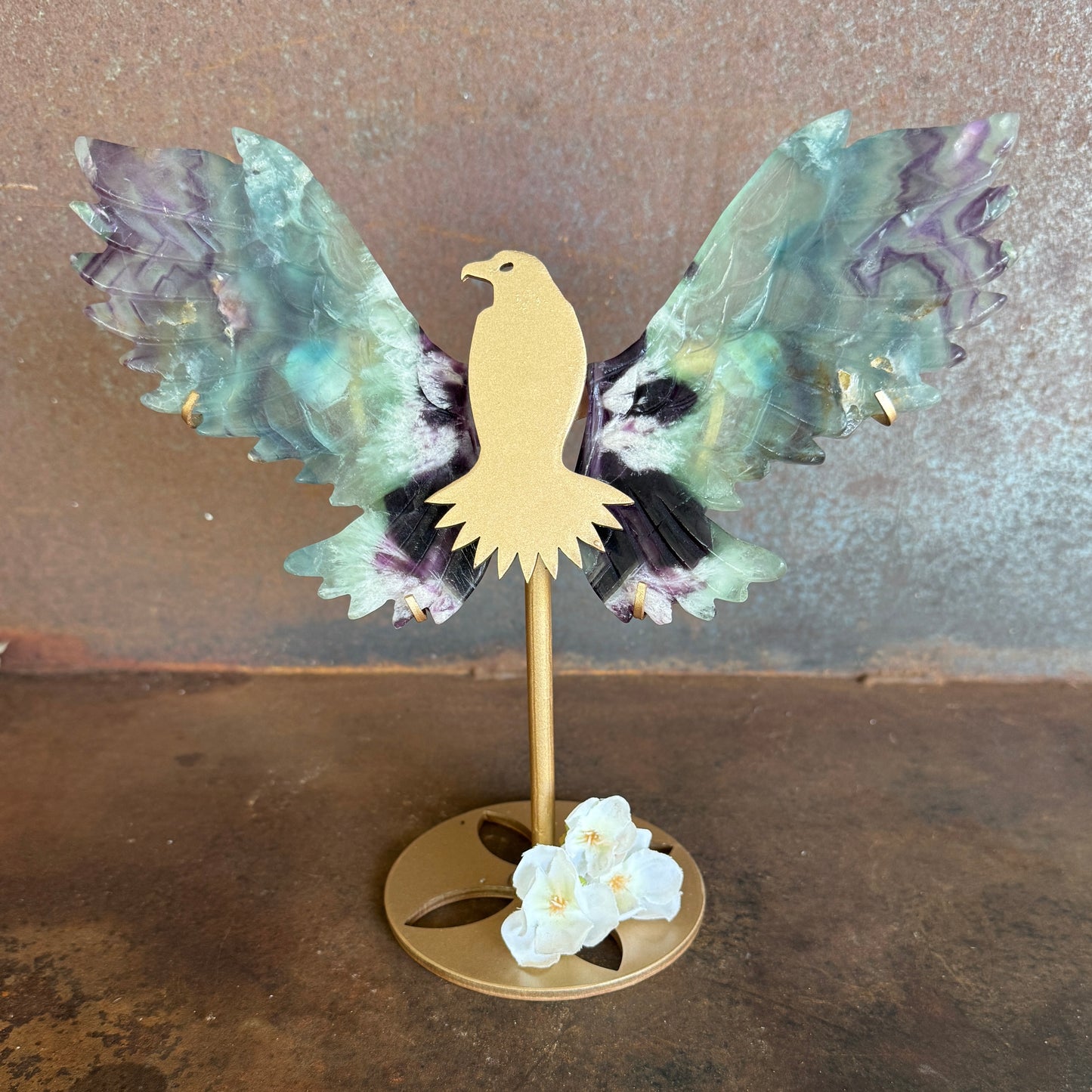 Feather Fluorite Crystal Wings on Bird Stand – Spiritual Healing, Clarity & Divine Balance