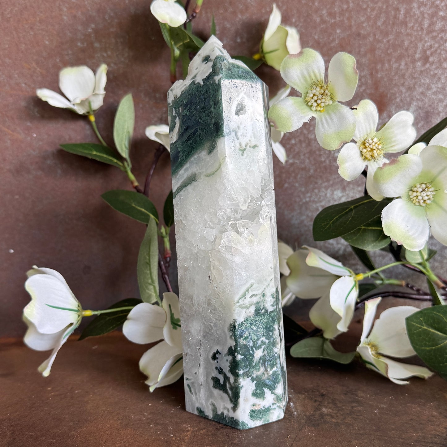 Large Moss Agate Crystal Towers with Quartz Druzy – Grounding, Emotional Healing & Abundance