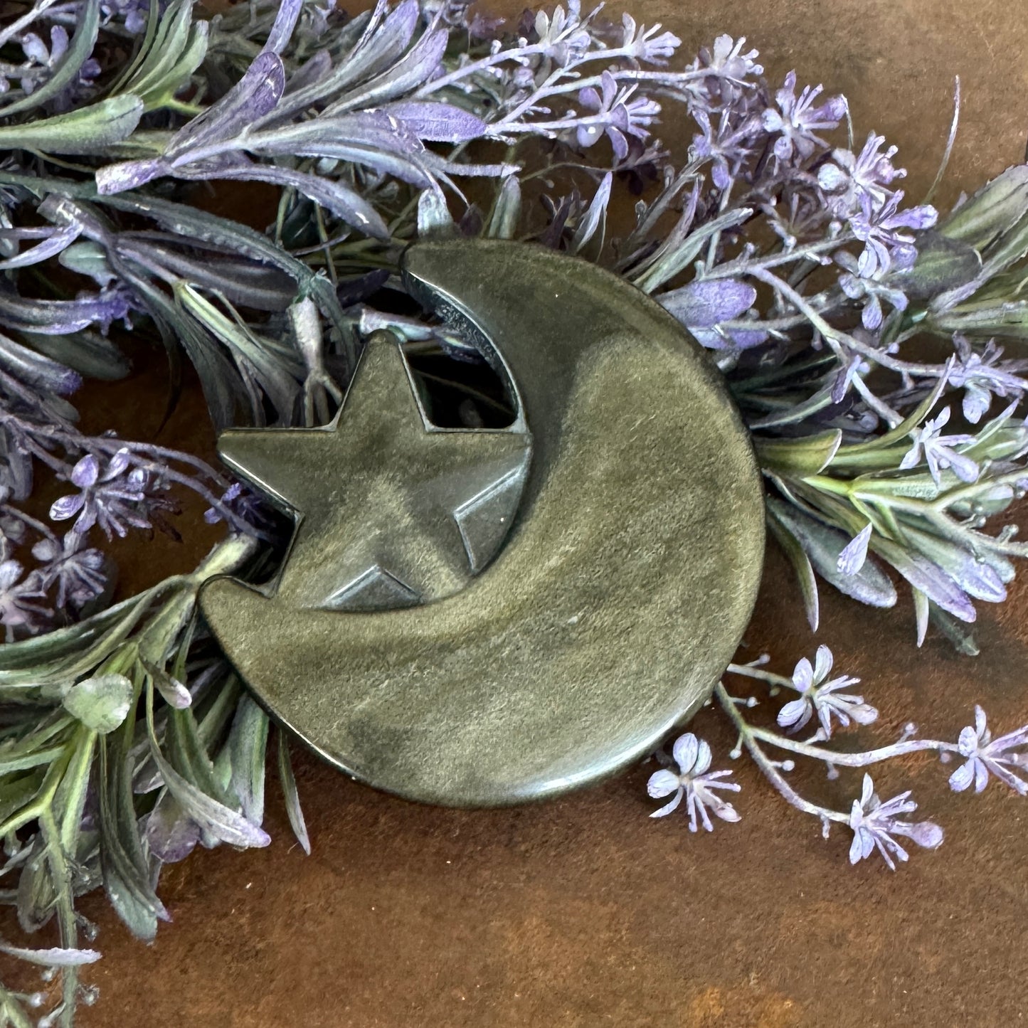 Golden Obsidian Sheen Crystal Moon & Star Carving – Protection, Illumination & Spiritual Healing