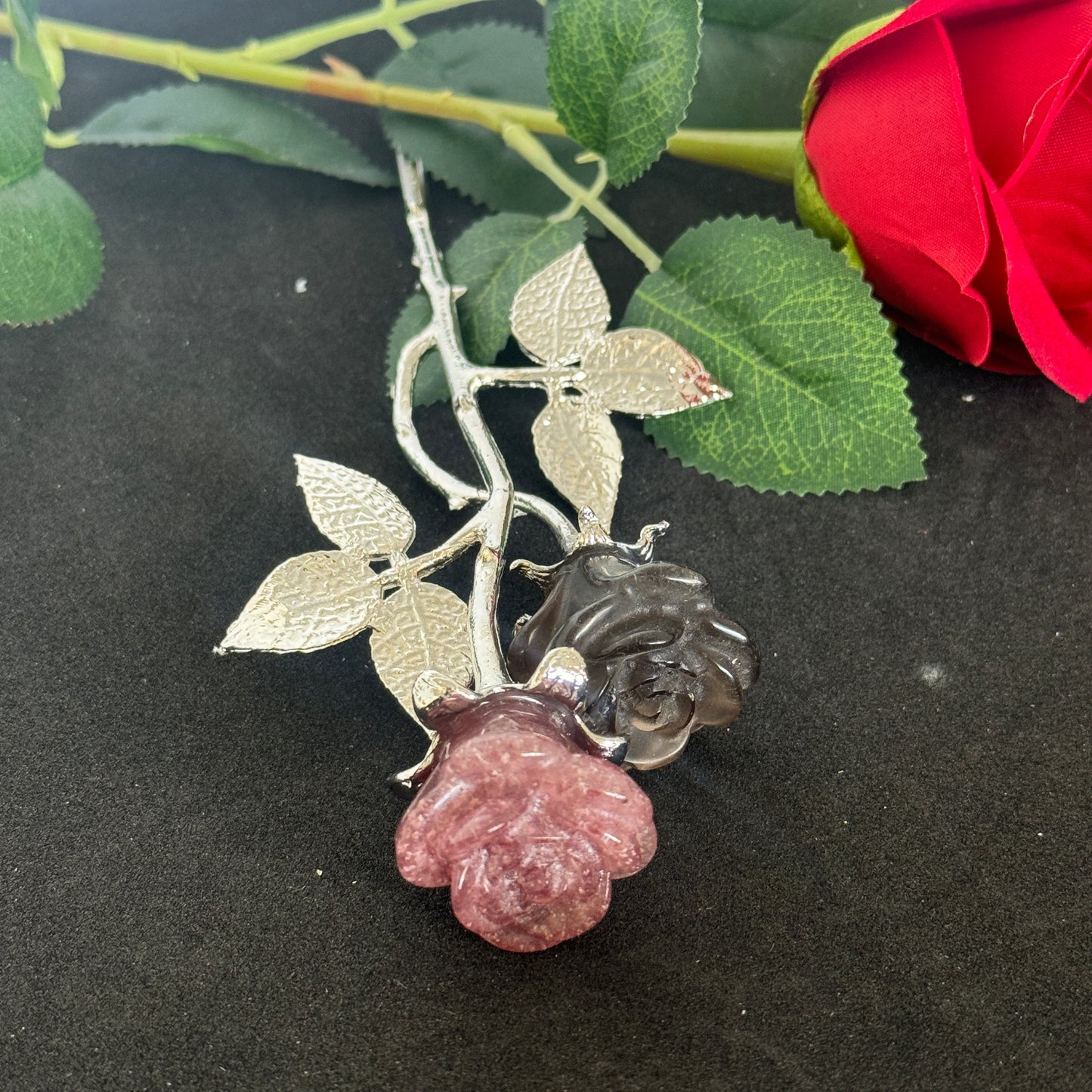 Double Rose Crystals with Stem (20cm overall length)