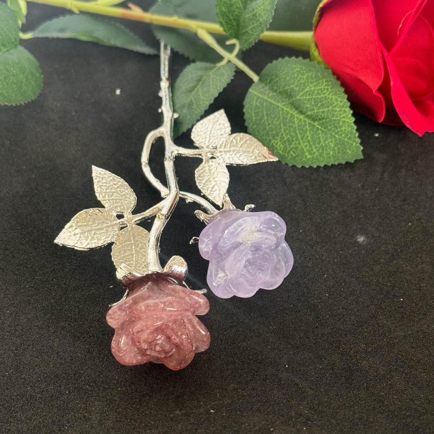 Double Rose Crystals with Stem (20cm overall length)