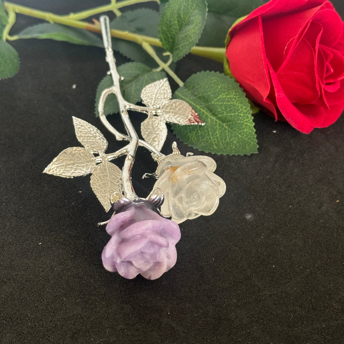 Double Rose Crystals with Stem (20cm overall length)