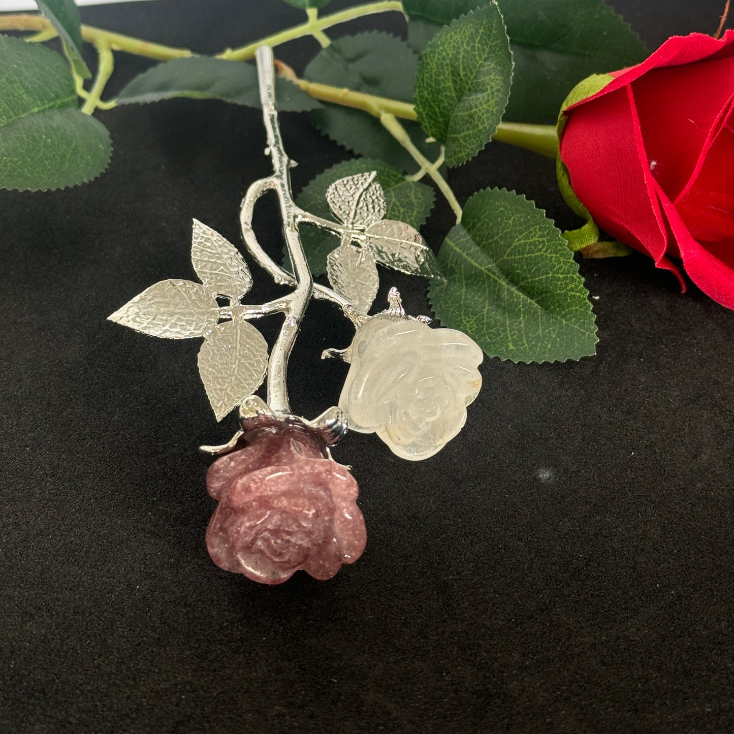 Double Rose Crystals with Stem (20cm overall length)