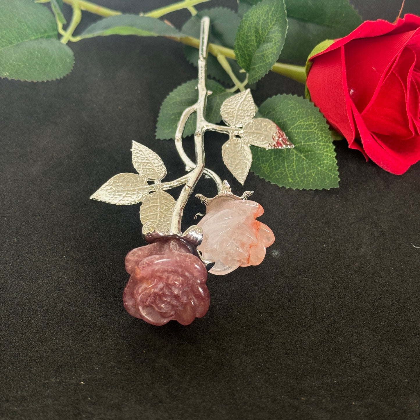 Double Rose Crystals with Stem (20cm overall length)