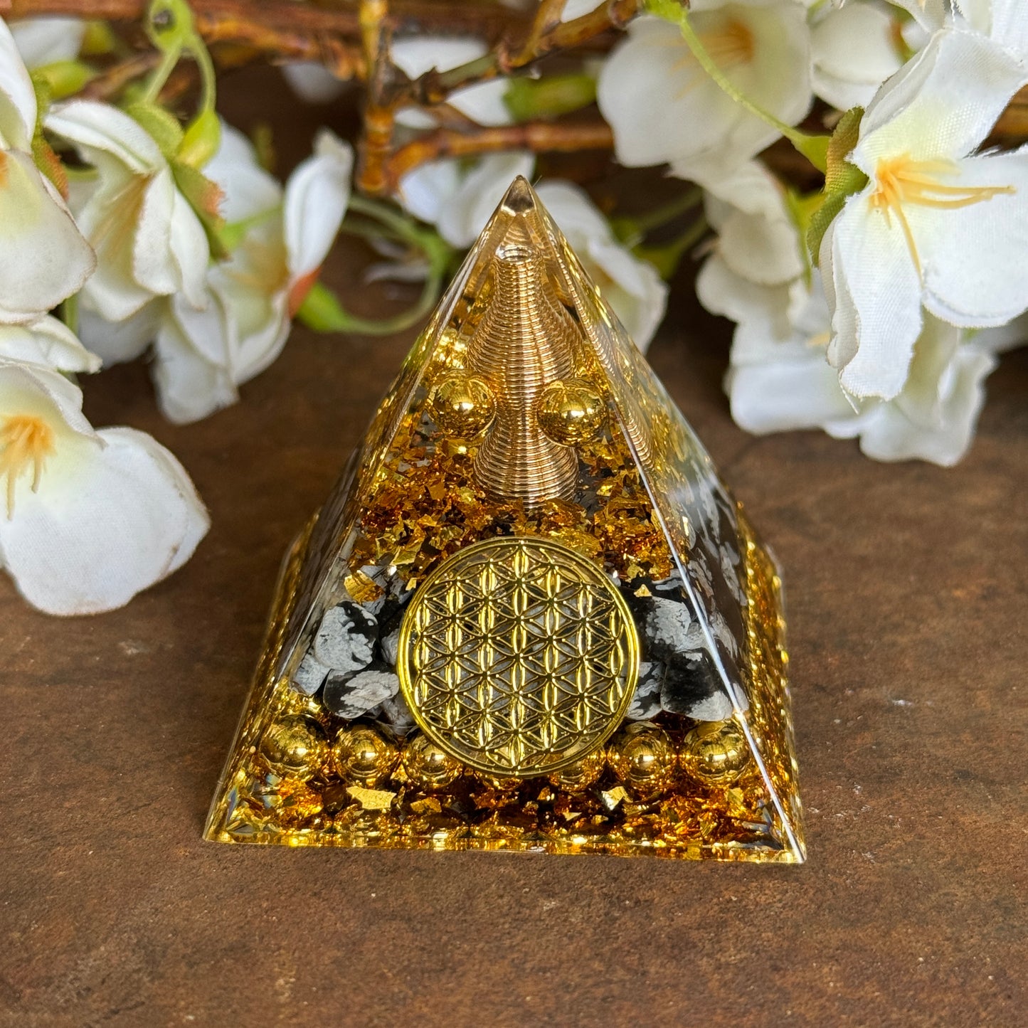 Orgonite Pyramid with Snowflake Obsidian & Flower of Life - Spiritual Protection, Emotional Healing & Balance