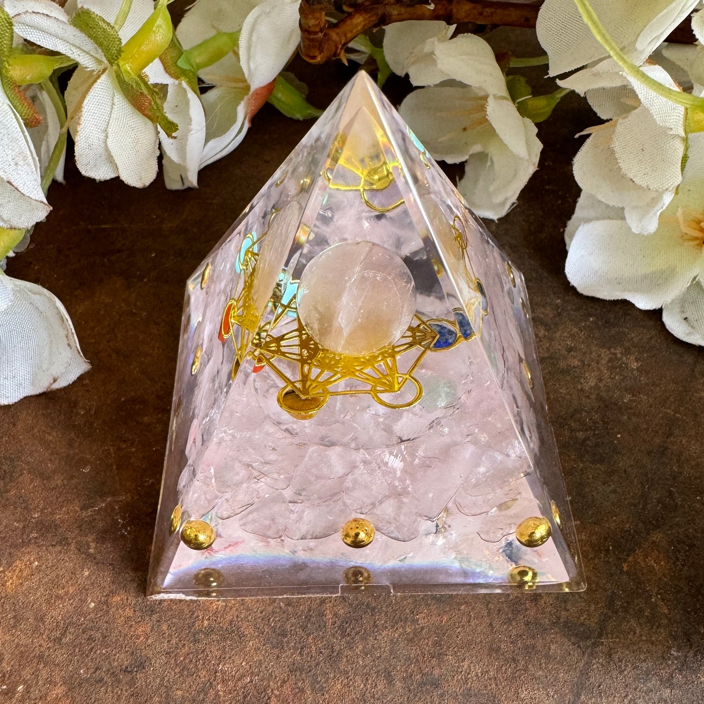 Orgonite Pyramid with Rose Quartz & Metatron’s Cube – Love, Healing & Spiritual Protection