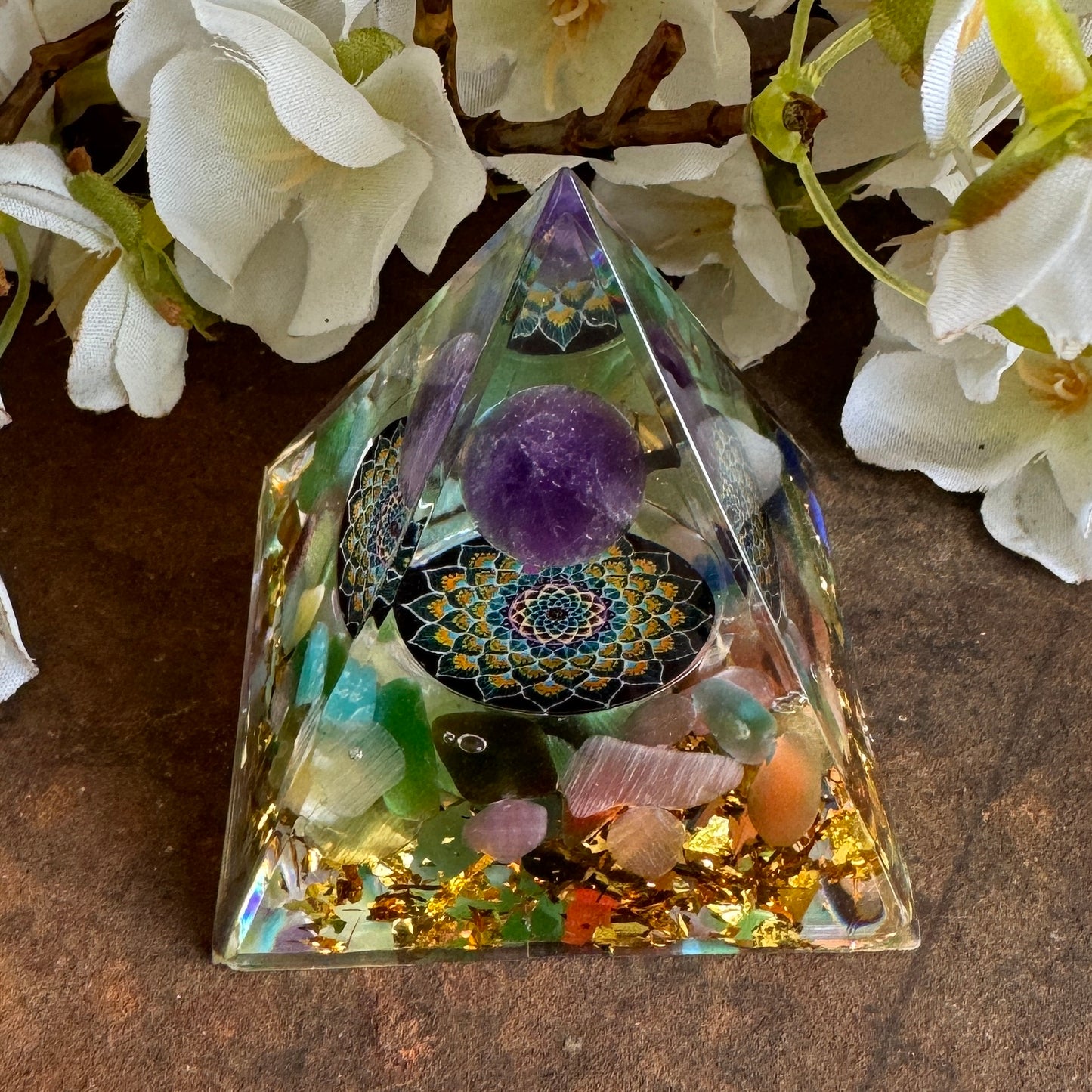Orgonite Pyramid with Amethyst, Seashells & Flower of Life – Energy Healing & Spiritual Protection