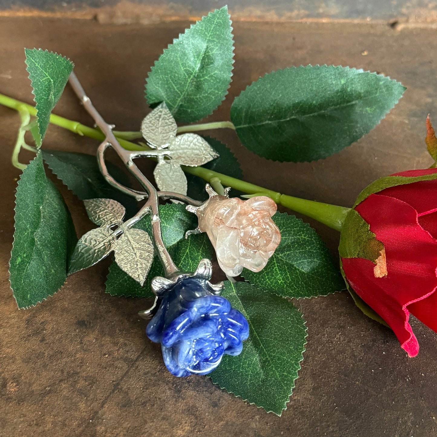 Double Rose Crystals with Stem (20cm overall length)
