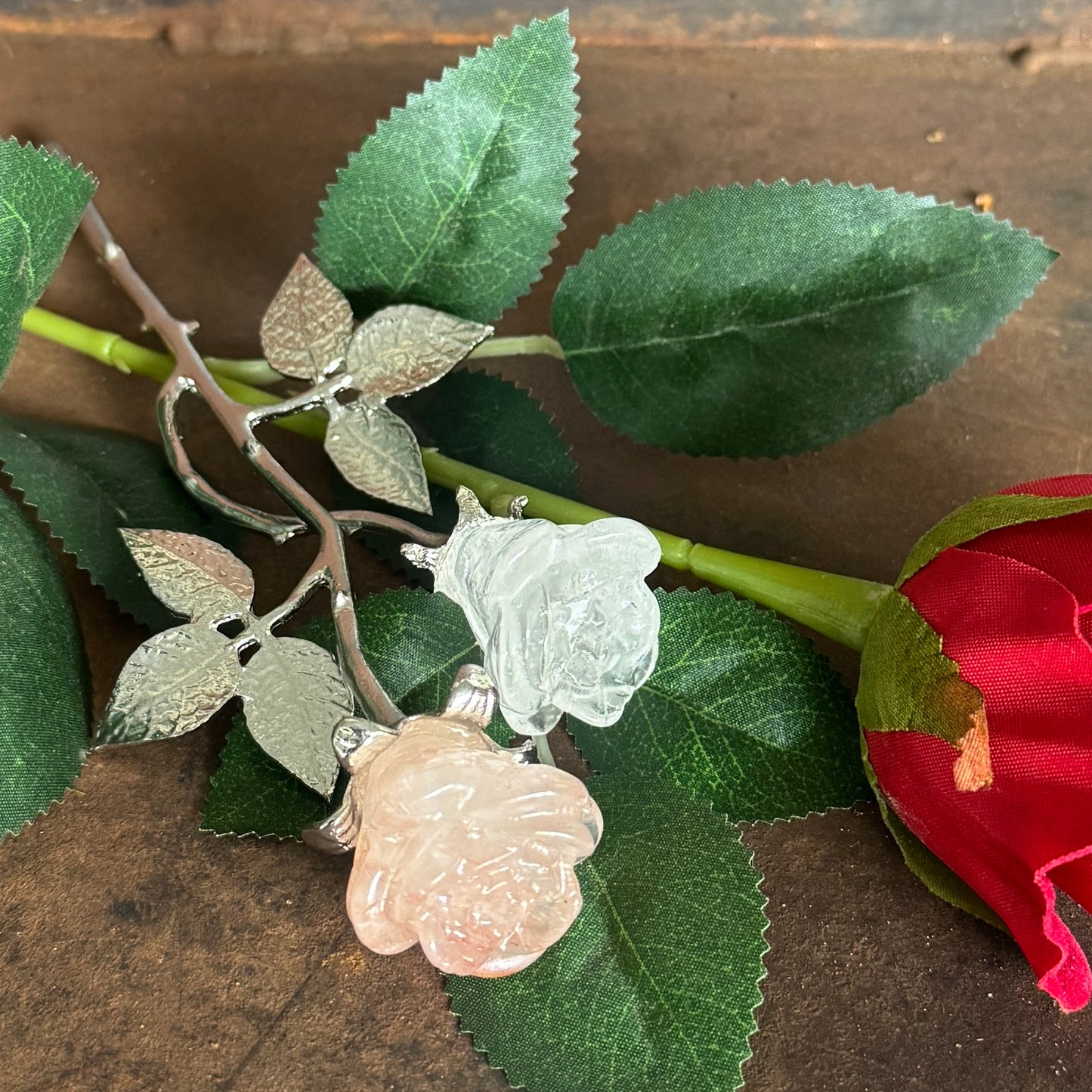 Double Rose Crystals with Stem (20cm overall length)