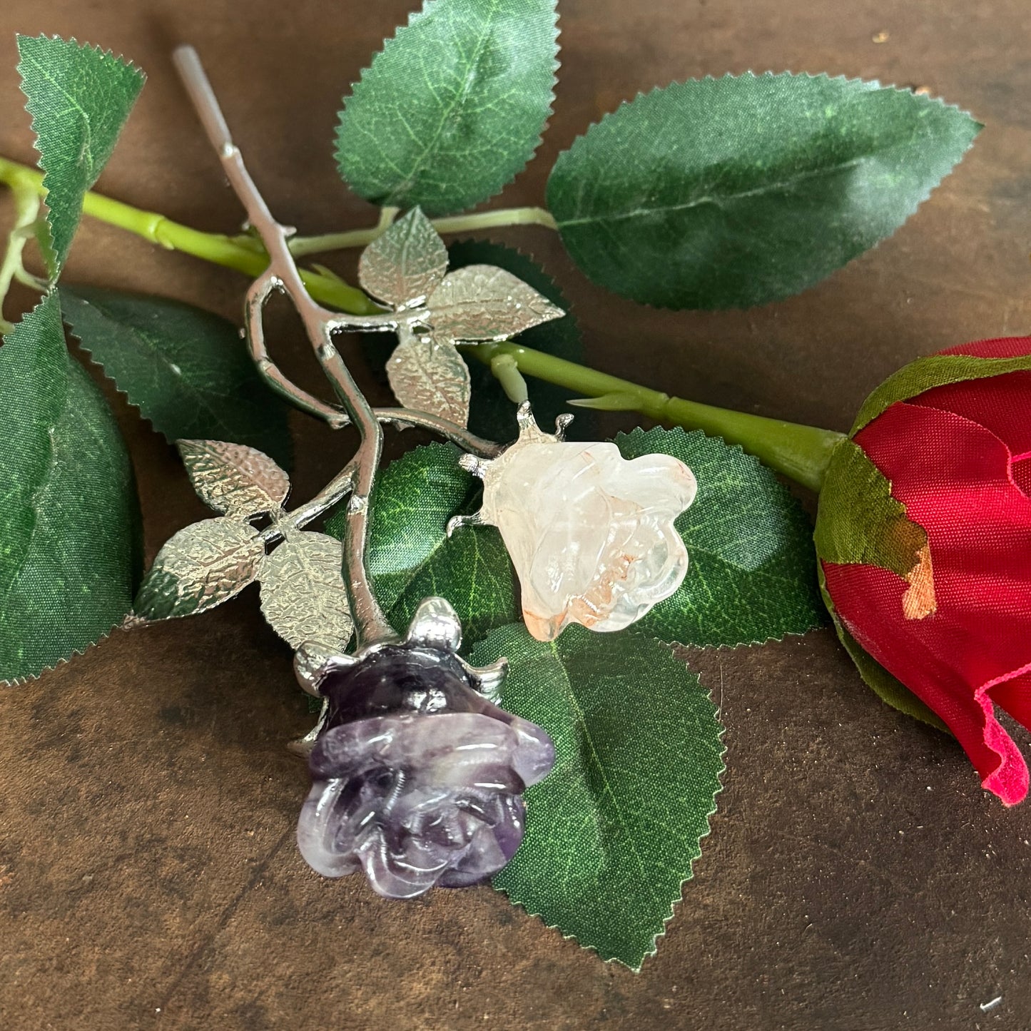 Double Rose Crystals with Stem (20cm overall length)