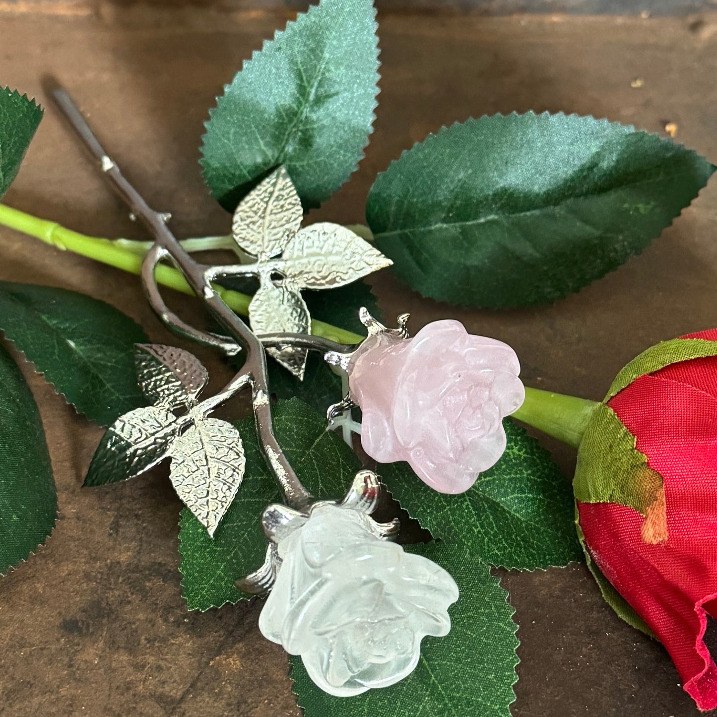 Double Rose Crystals with Stem (20cm overall length)