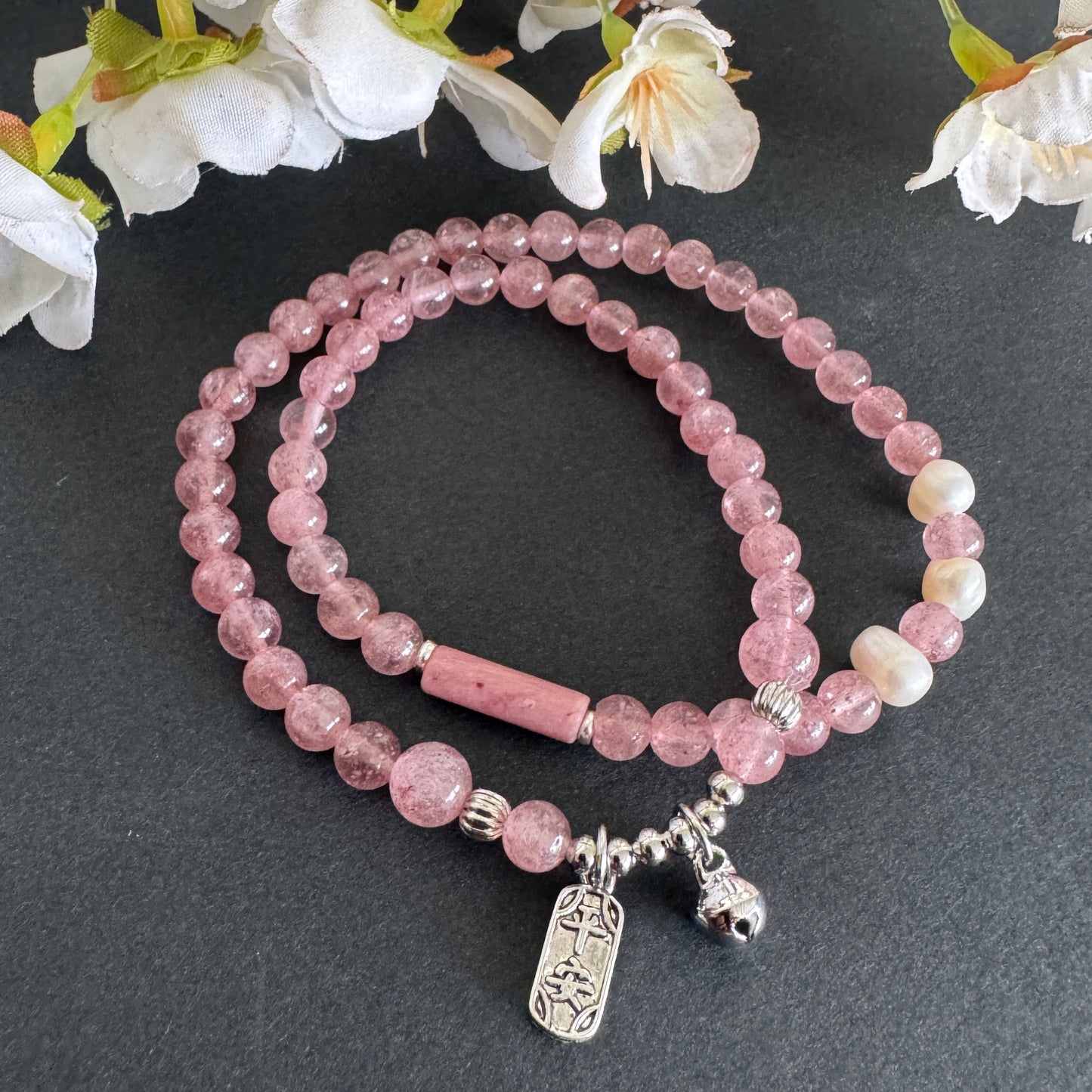 Strawberry Quartz & Pearl Crystal Bracelet with Lucky Charm & Bell – Love, Harmony & Protection