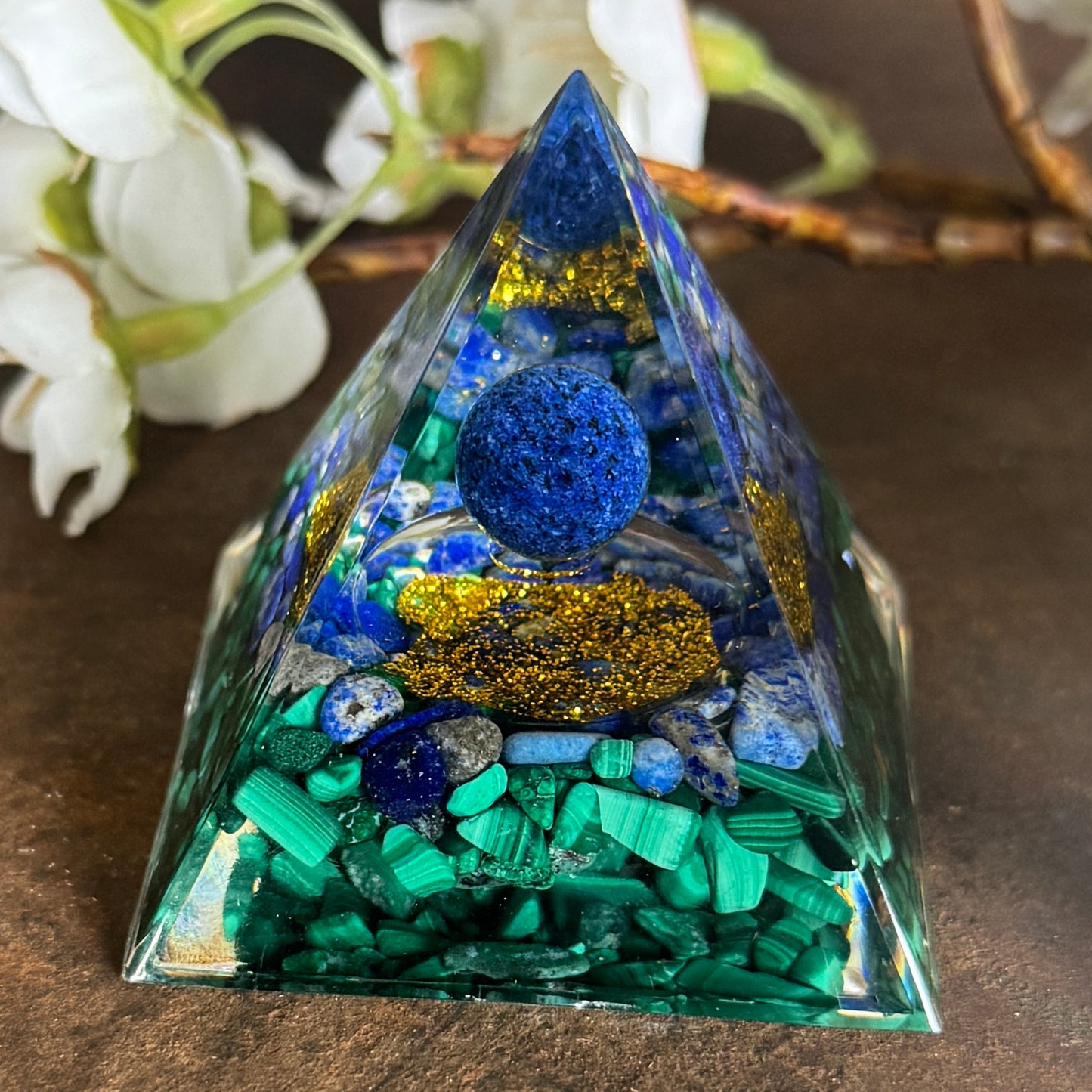 Orgonite Pyramid Malachite & Lapis Lazuli with Sodalite Sphere