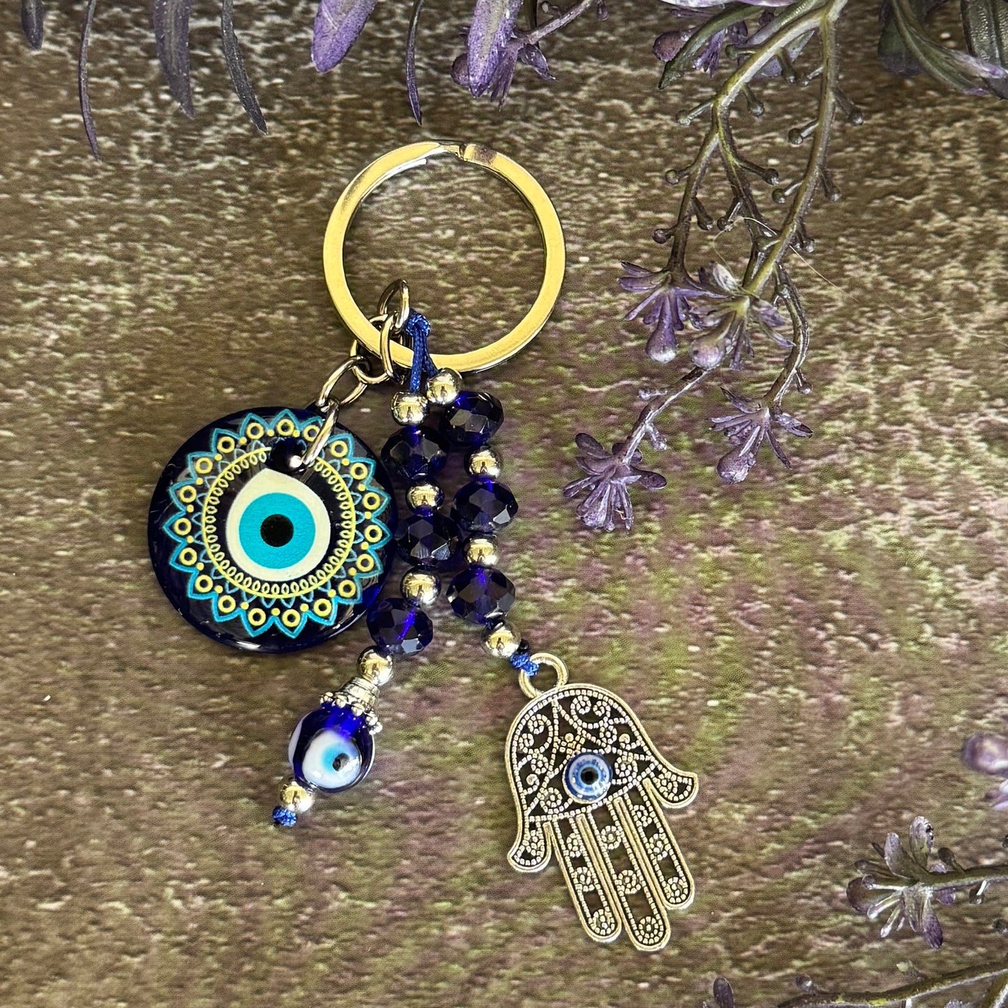 Glass Evil Eye & Hamsa Hand Keychain