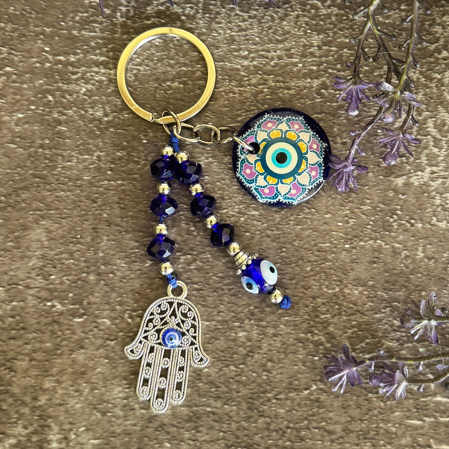 Glass Evil Eye & Hamsa Hand Keychain