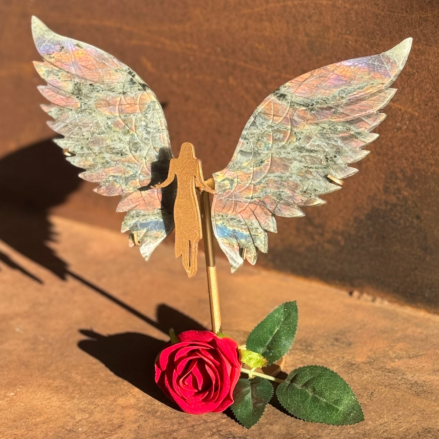 Extra Large Purple Labradorite Crystal Wings on Angel Stand – Celestial Transformation & Complete Angelic Protection