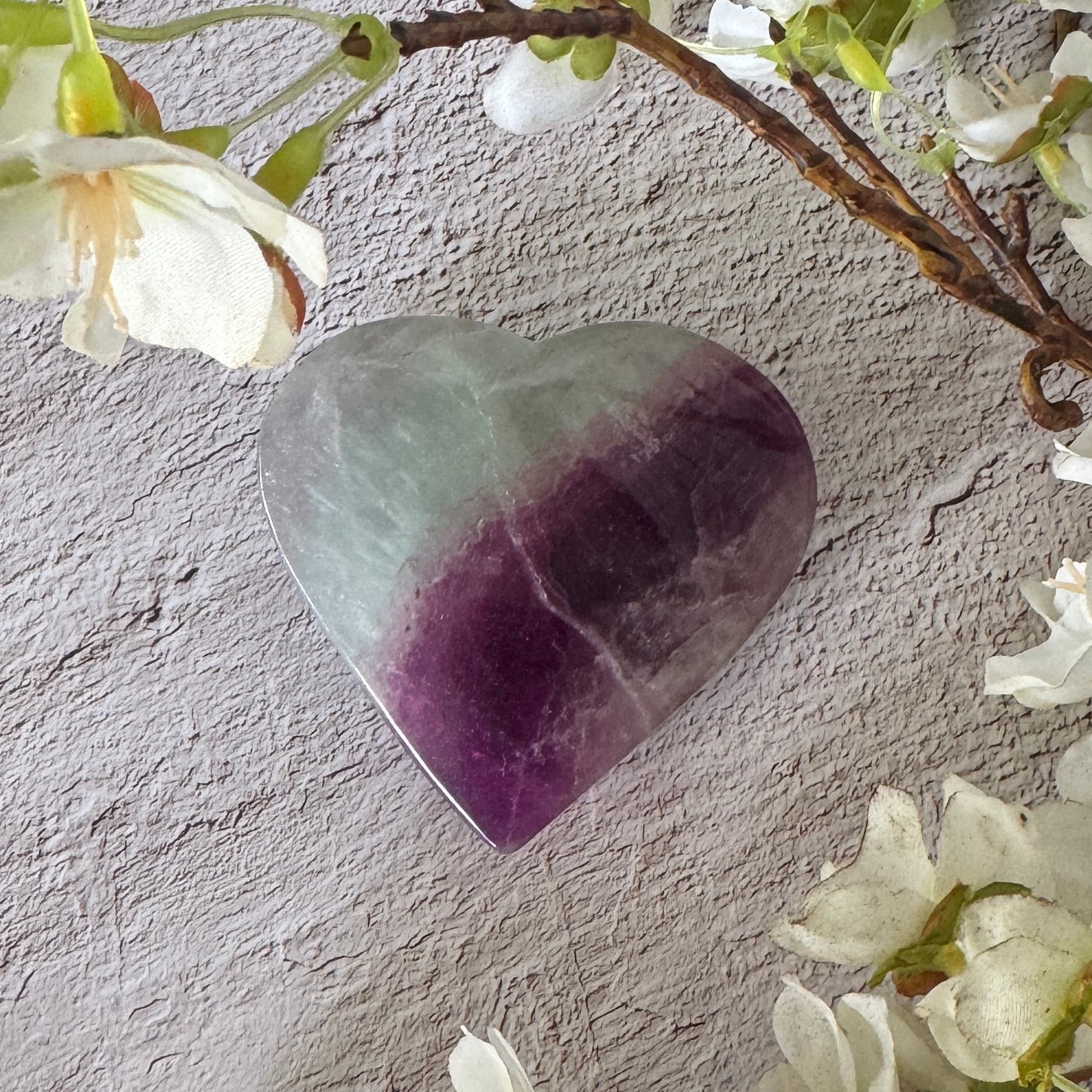 Rainbow Fluorite Heart – Green & Purple Crystal for Balance, Clarity & Protection