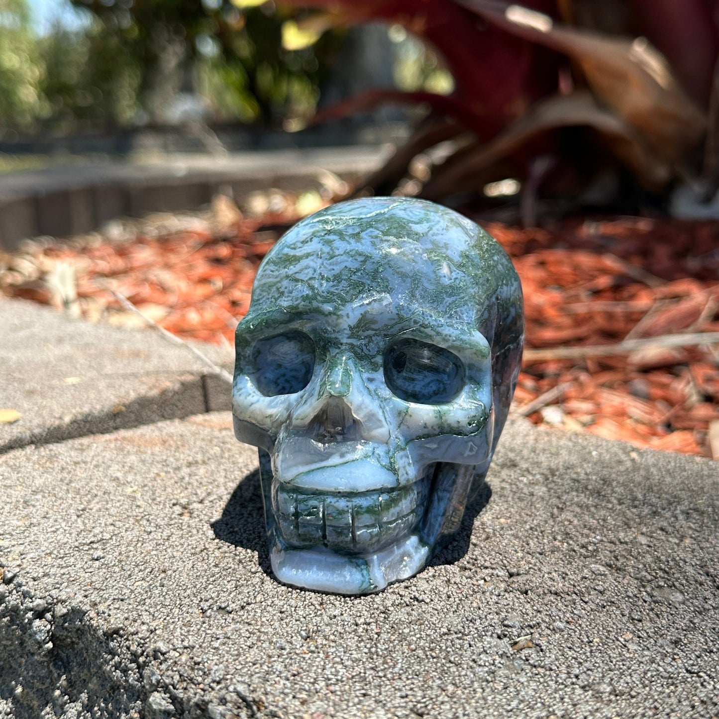 Blue Moss Agate Skull – Crystal Skull for Emotional Balance, Abundance & Spiritual Growth