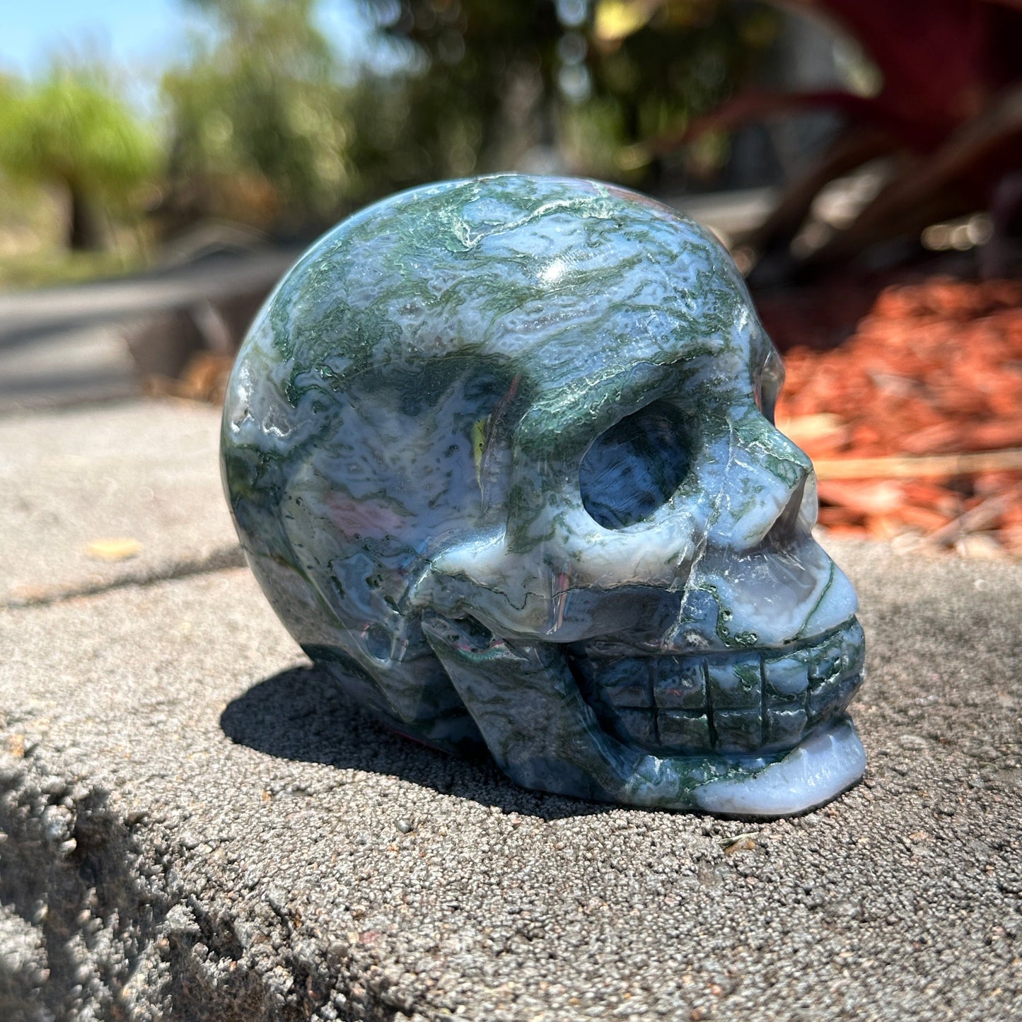 Blue Moss Agate Skull – Crystal Skull for Emotional Balance, Abundance & Spiritual Growth