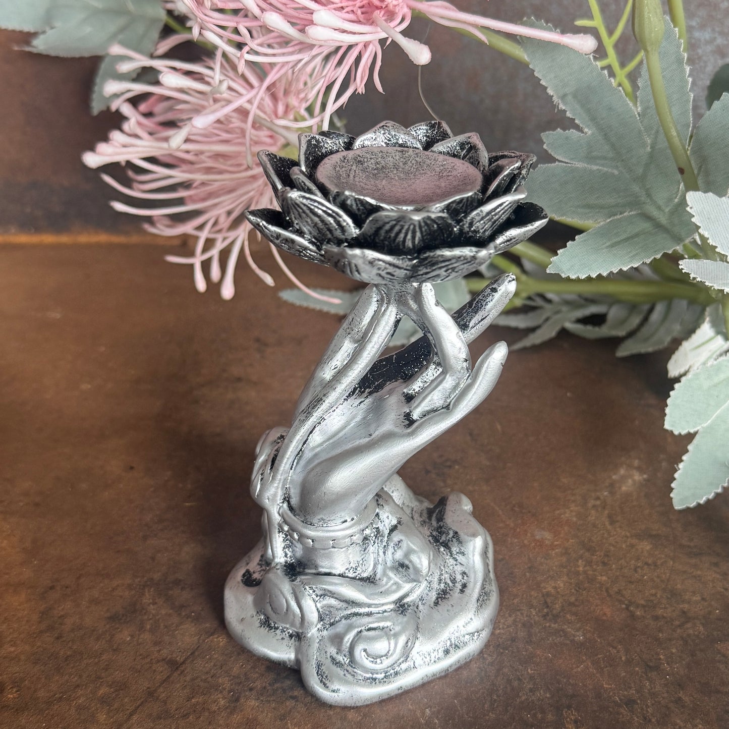 Hand Holding Lotus Sphere Holder – 12cm Crystal Sphere Stand in Wood, Silver & Gold