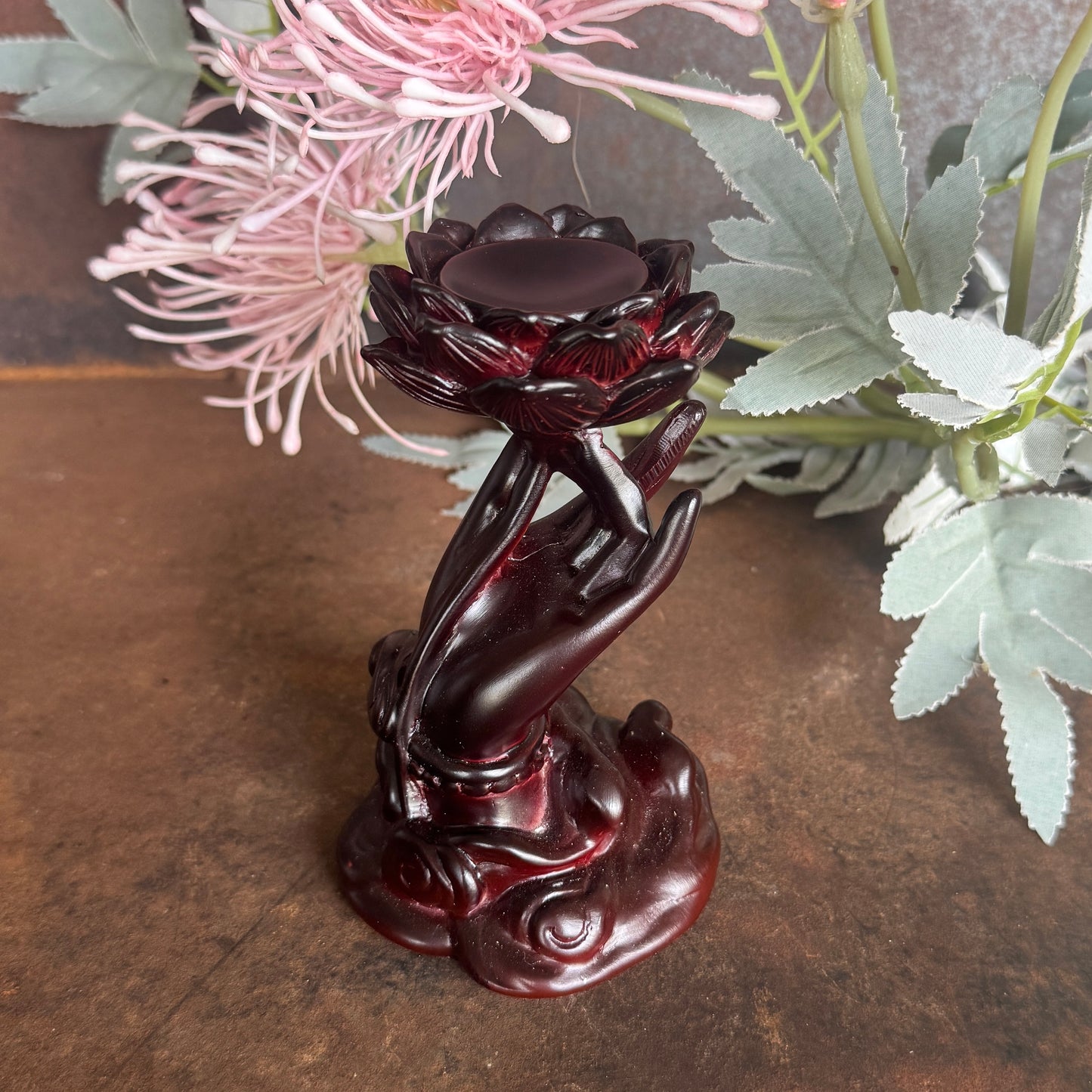 Hand Holding Lotus Sphere Holder – 12cm Crystal Sphere Stand in Wood, Silver & Gold