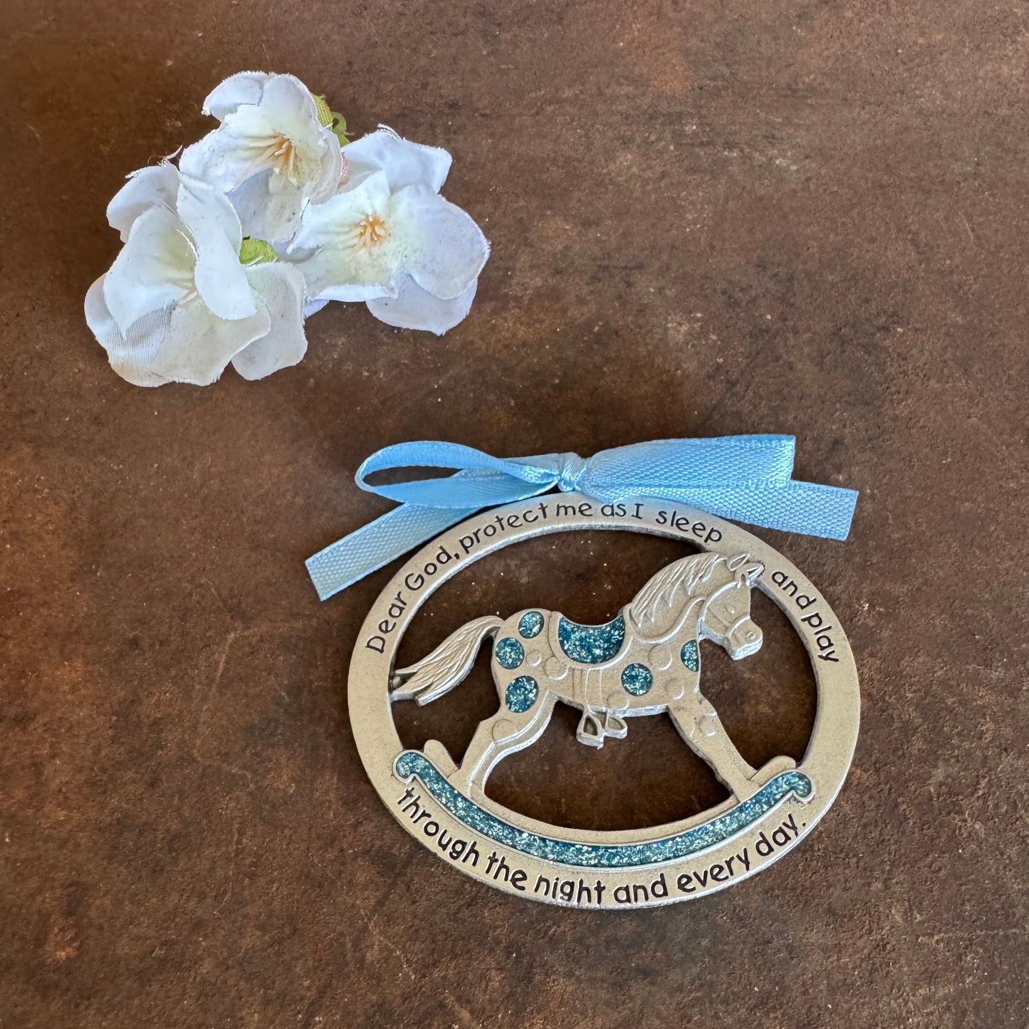 Sparkling Crib Medal – “Dear God Protect Me” Rocking Horse (Pink or Blue)