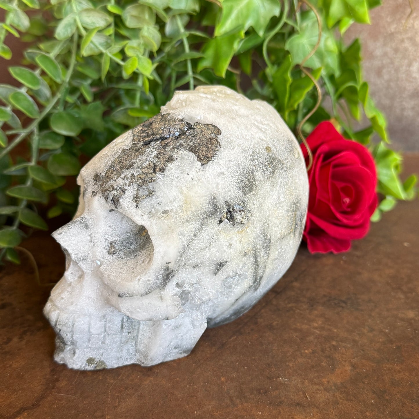 Clear Quartz Skull with Pyrite – Spiritual Healing, Protection & Abundance (1220g One-of-a-Kind)