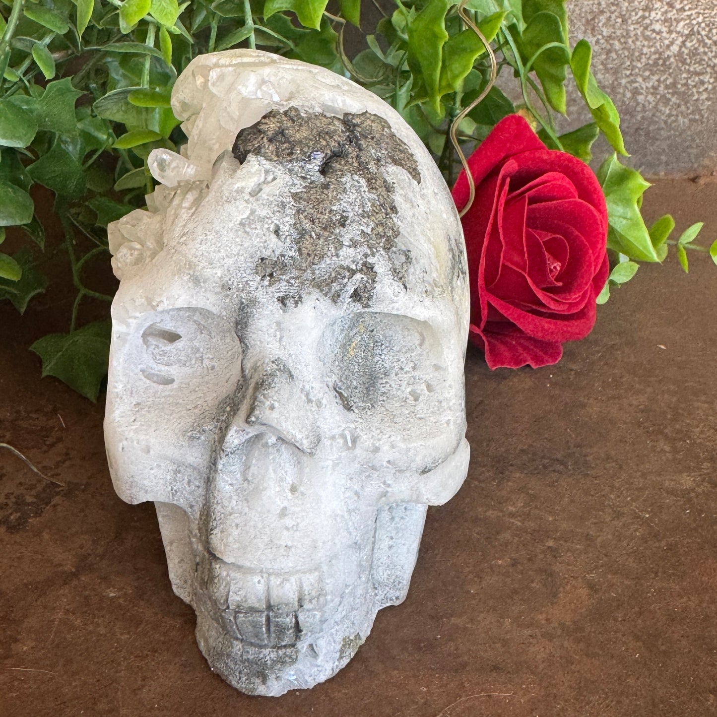 Clear Quartz Skull with Pyrite – Spiritual Healing, Protection & Abundance (1220g One-of-a-Kind)