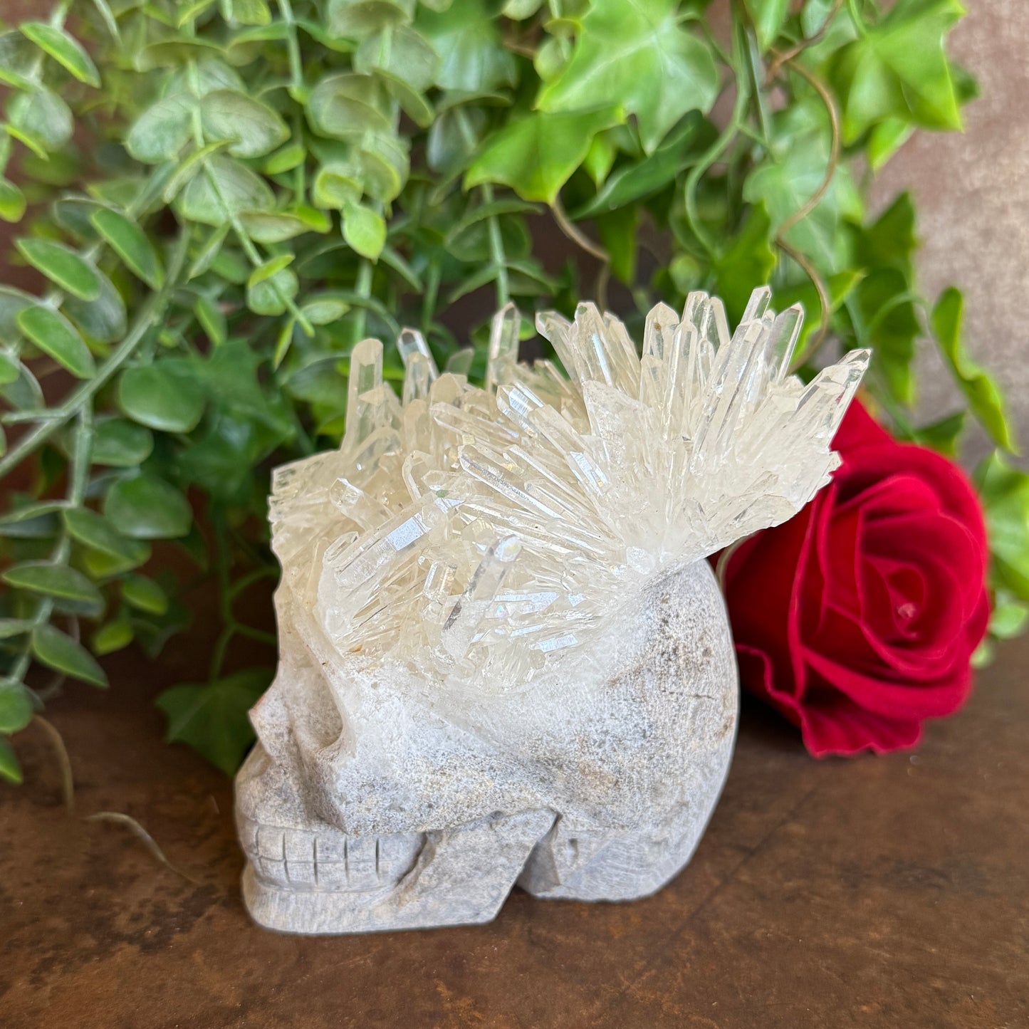 Clear Quartz Cluster Natural Stone Skull Carving - 638g