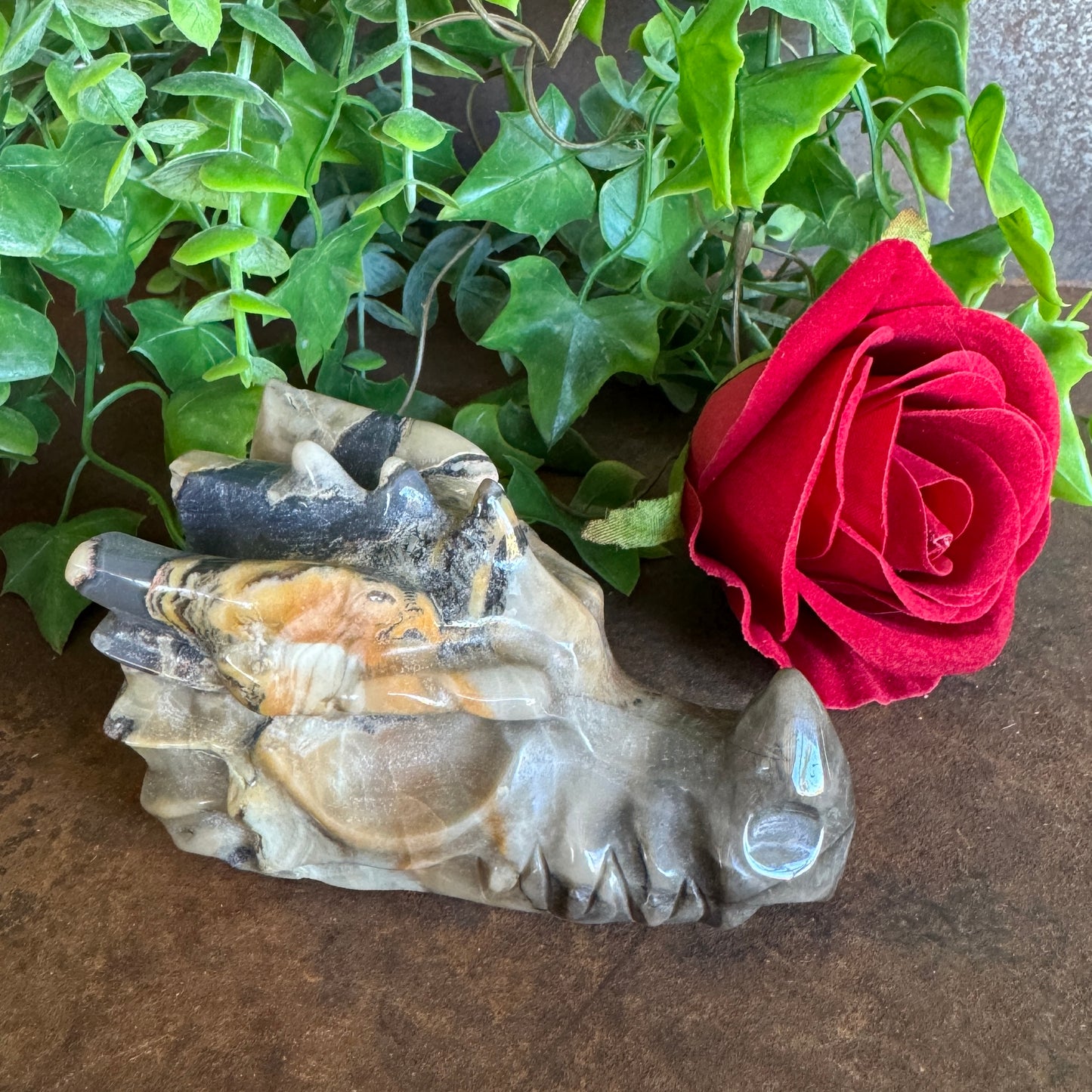 Volcanic Agate Dragon Carving 264g (9x5cm) – UV Reactive Crystal Dragon for Protection, Strength & Transformation