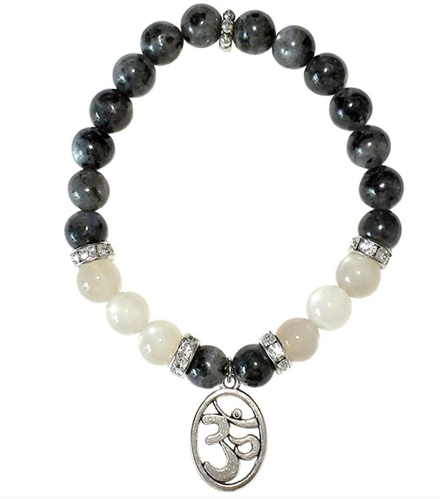 Labradorite & Rainbow Moonstone Crystal Bracelet 8mm with OM Charm