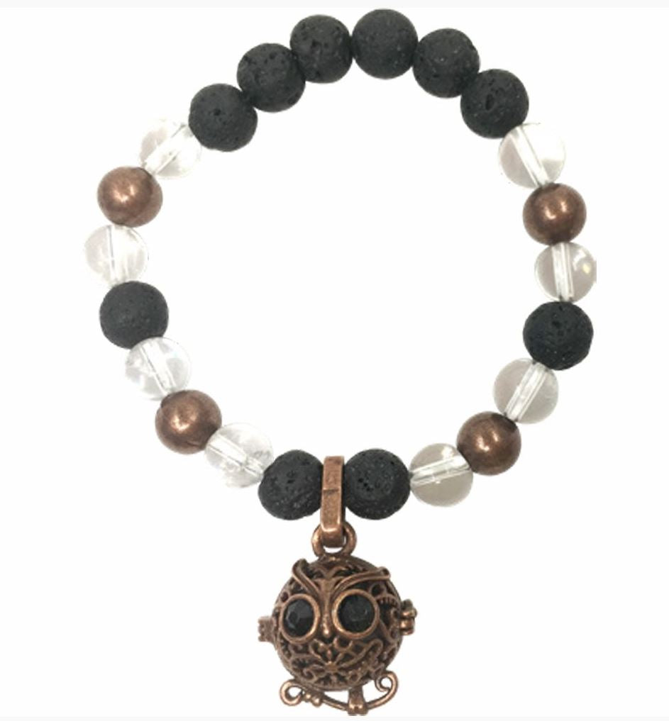 Lava, Copper & Clear Quartz Bracelet with Owl Charm - Spiritual Growth, Energy Amplification & Inner Wisdom