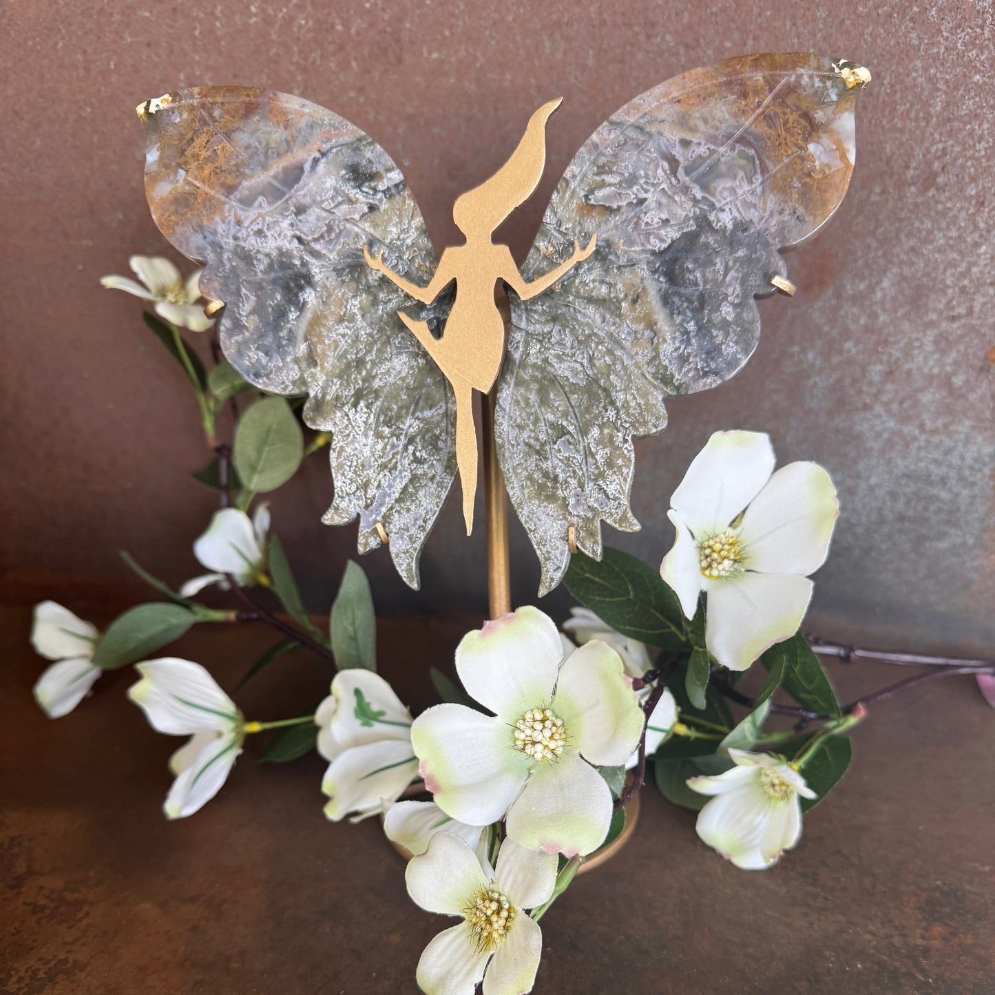 Moss Agate Crystal Wings on Dancing Goddess Stand – A Powerful Crystal Ornament for Grounding, Healing & Spiritual Awakening