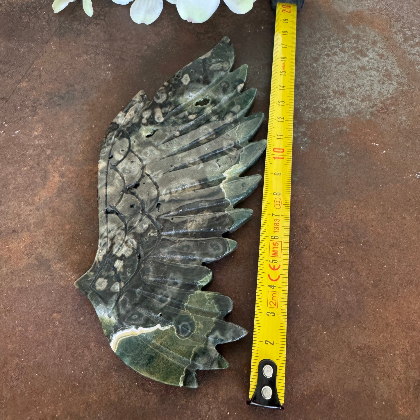 Ocean Jasper Crystal Wings with Owl Stand – Wisdom, Calm & Spiritual Healing