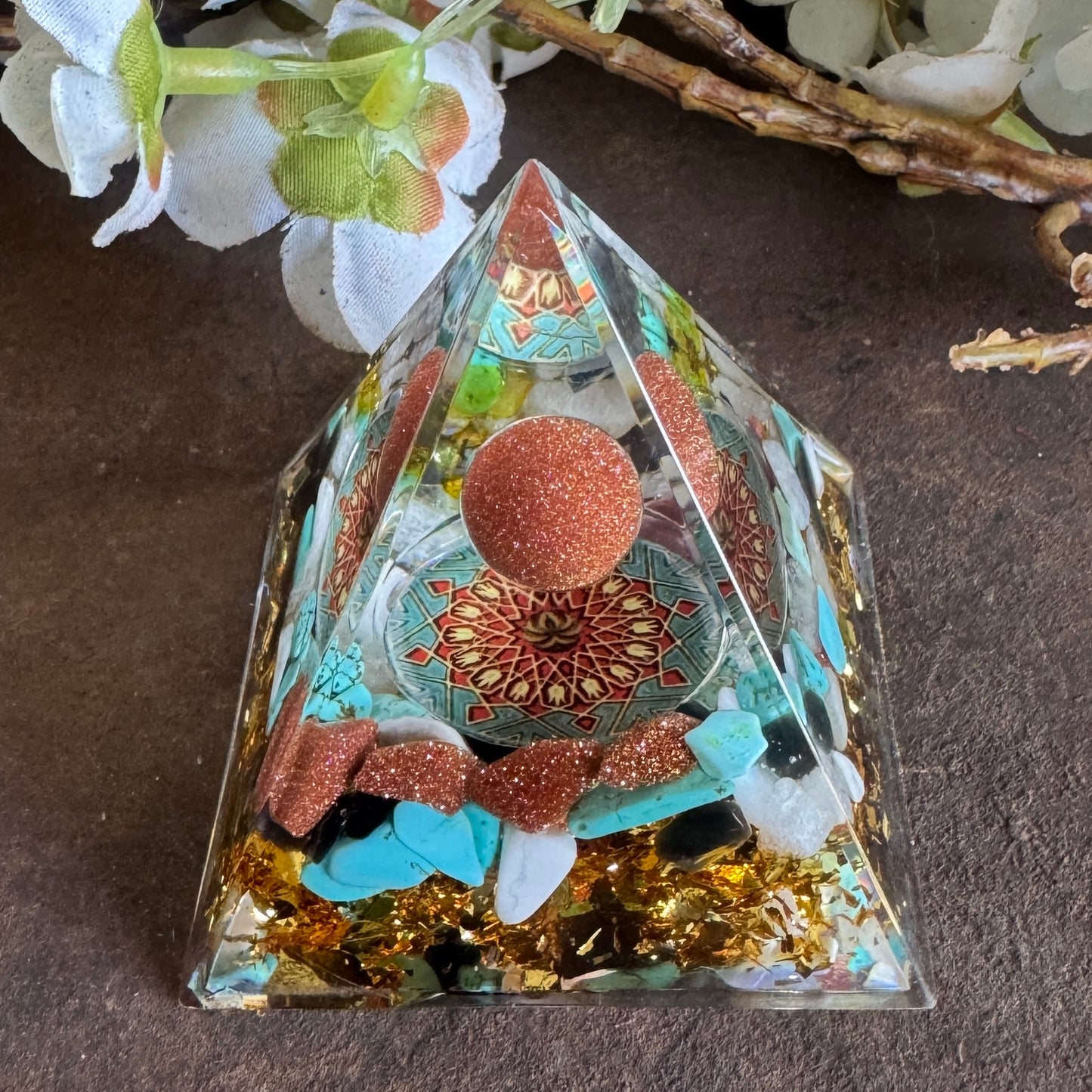 Orgonite Pyramid with Goldstone, Turquoise, Black Obsidian & Clear Quartz – Spiritual Healing, Protection & Energy Amplification
