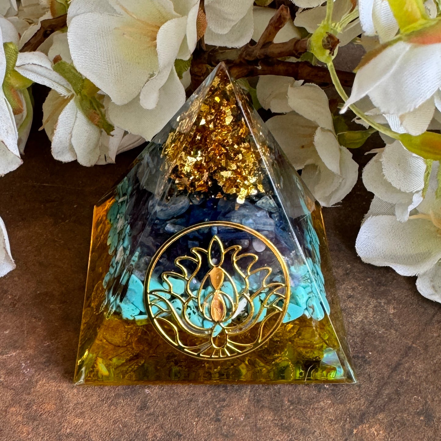 Orgonite Pyramid with Lotus Symbol – Citrine, Turquoise, Amethyst & Kyanite