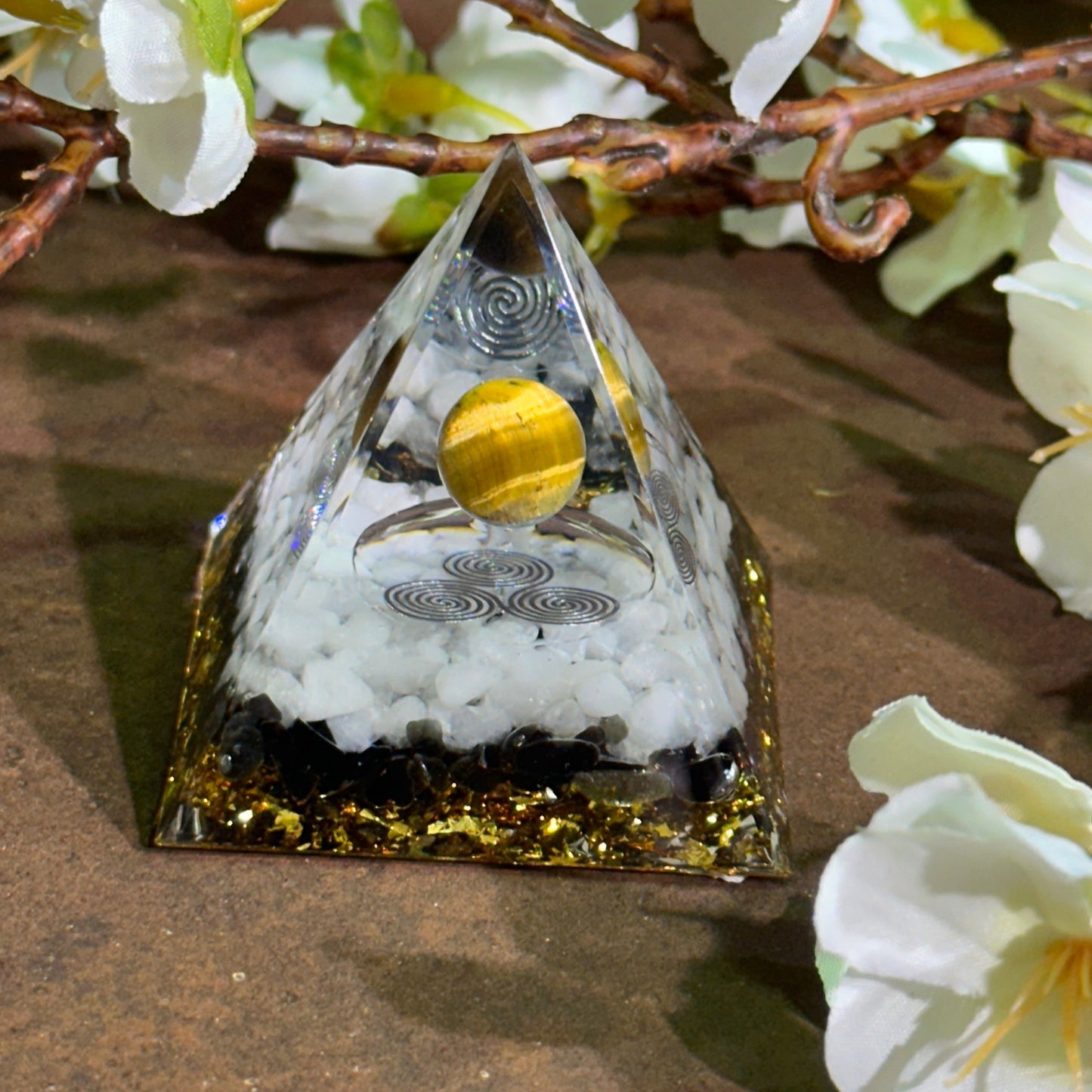 Orgonite Pyramid with Tiger’s Eye, Howlite, Obsidian & Triskelion - Strength, Protection & Energy Balance
