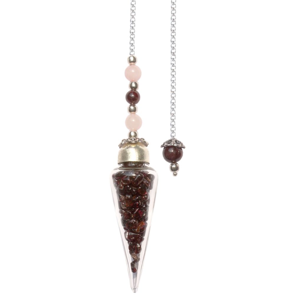 Teardrop Glass Pendulum with Garnet Chips – Intuition, Courage & Spiritual Healing