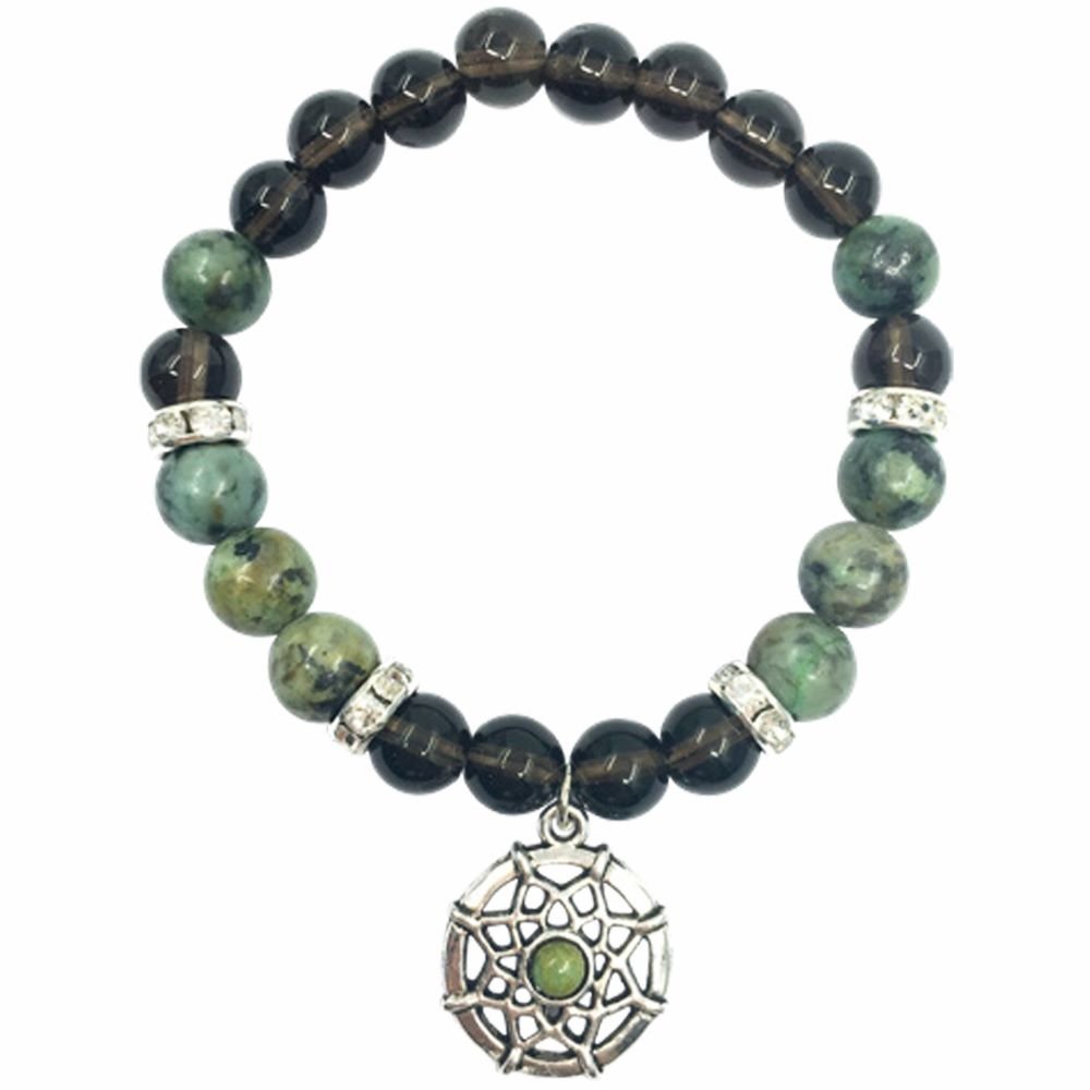 Smoky Quartz & African Turquoise Bracelet with Dreamcatcher Charm – Grounding, Protection & Spiritual Growth