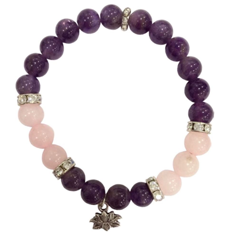 Amethyst and Rose Quartz Bracelet with Lotus Charm 8mm
