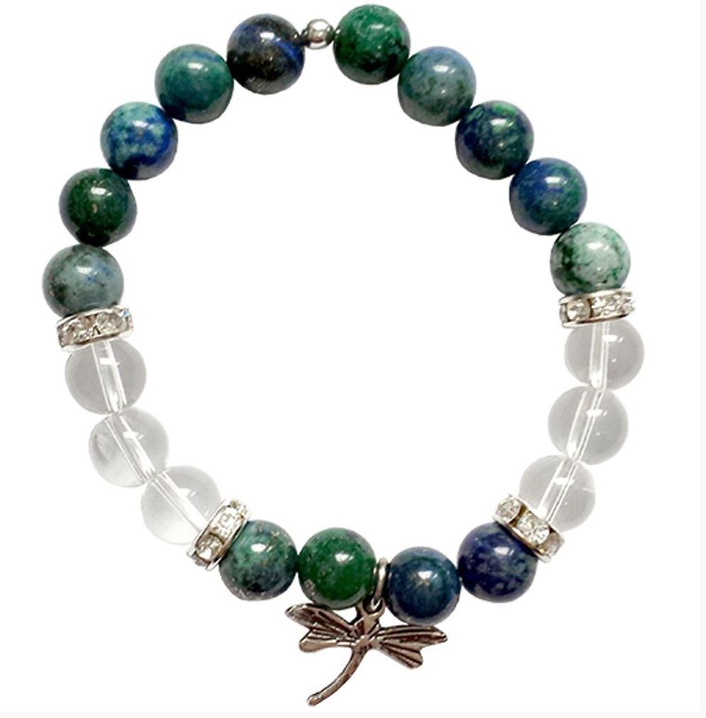 Chrysocolla & Clear Qtz Bracelet with Dragonfly Charm 8mm