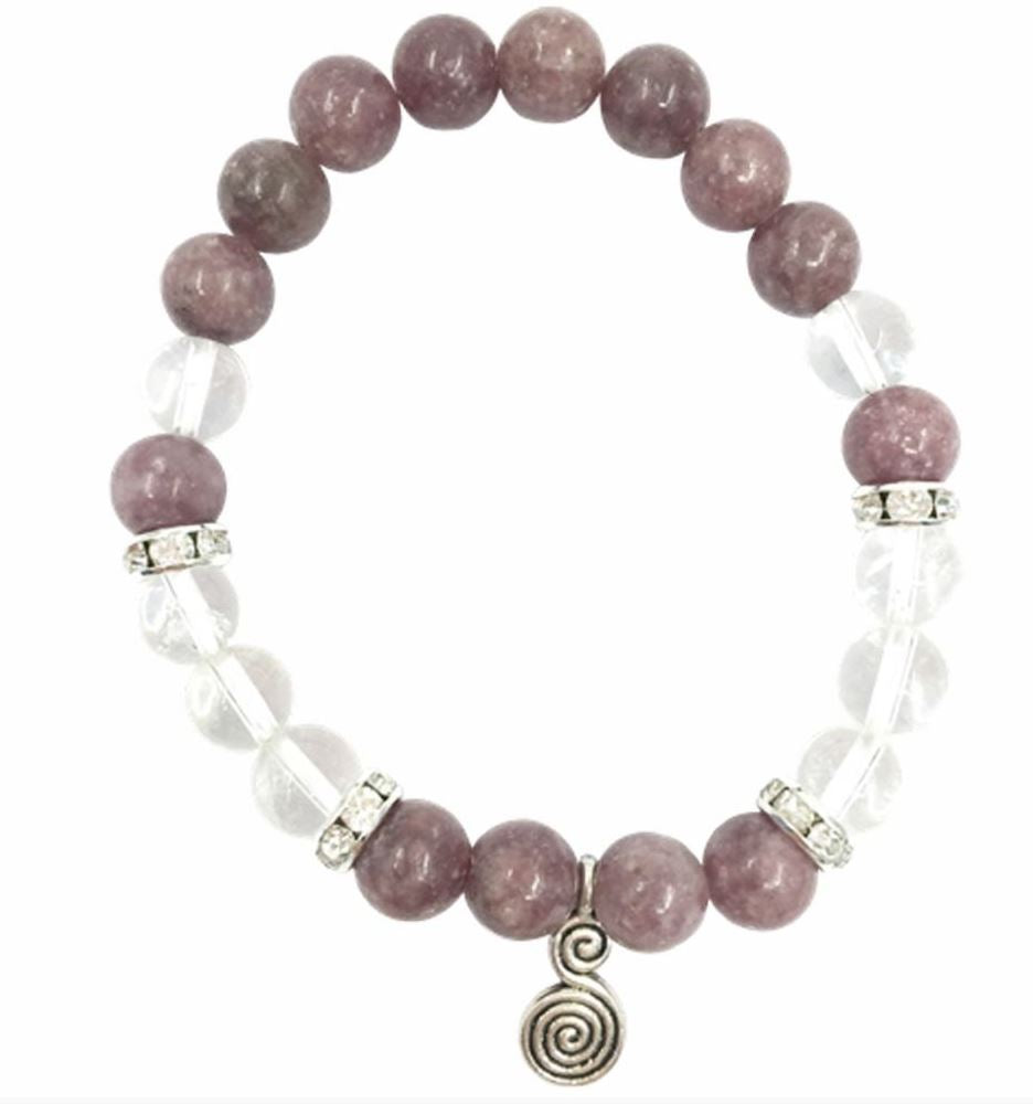 Lepidolite & Clear Quartz Crystal Bracelet with Double Spiral Charm 8mm – Emotional Balance & Spiritual Healing